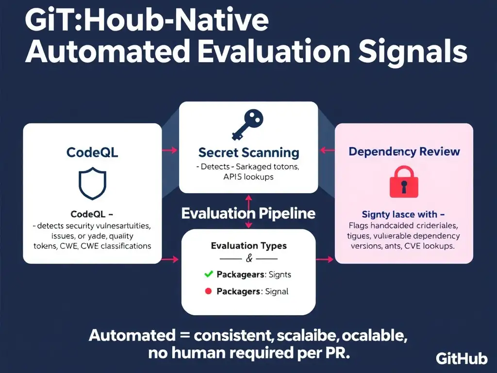 2048x1536 educational infographic titled 'GitHub-Native Automated Evaluation Signals'. Three tool cards: 1) CodeQL (shield icon) — detects security vulnerabilities, code quality issues, CWE classifications; 2) Secret Scanning (key icon) — detects hardcoded credentials, tokens, API keys; 3) Dependency Review (package icon) — flags vulnerable dependency versions, CVE lookups. All three feed into 'Evaluation Pipeline' box with signal types labeled. Bottom: 'Automated = consistent, scalable, no human required per PR.' GitHub dark navy theme.