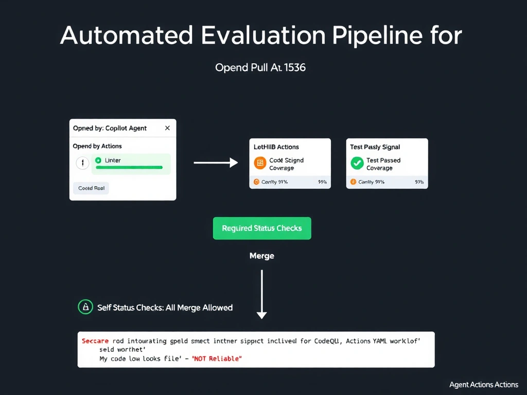 Landscape 2048x1536 infographic titled 'Automated Evaluation Pipeline for Agent Pull Requests'. Central element: a GitHub Pull Request card labeled 'Opened by: Copilot Agent'. From the PR card, three arrows point right to three tool boxes: (1) 'GitHub Actions: Linter' showing a passing check with a green checkmark and 'Code Quality Signal'; (2) 'GitHub Actions: CodeQL' showing a passing check with a green shield icon and 'Security Signal'; (3) 'GitHub Actions: Test Runner' showing a passing check with a coverage percentage '91%'. Below all three, a merge button labeled 'Required Status Checks: All Passed — Merge Allowed' in green. A separate red scenario at the bottom: 'Self-Reporting' option with an agent chat bubble saying 'My code looks fine' with a warning icon — labeled 'NOT Reliable'. Clean GitHub dark theme. Include GitHub Actions workflow YAML snippet fragment showing the CodeQL and linter steps in a small code block.