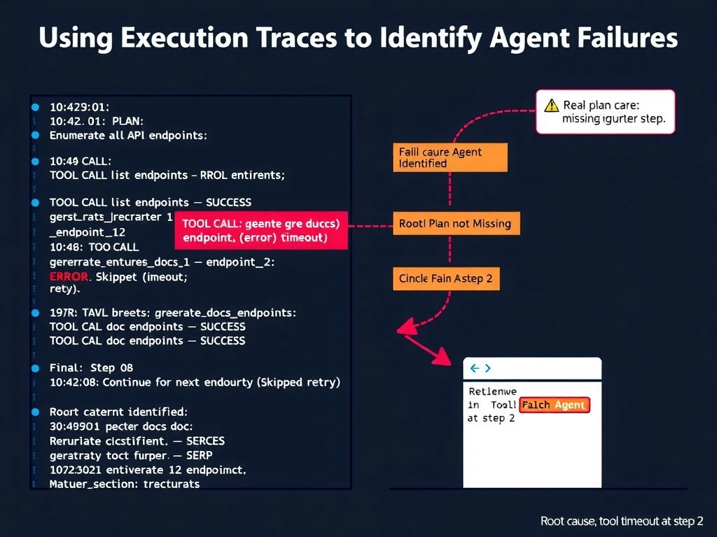 Landscape 2048x1536 infographic titled 'Using Execution Traces to Identify Agent Failures'. Left panel: a terminal-style log view showing an agent trace with timestamped entries: '10:42:01 PLAN: Enumerate all API endpoints', '10:42:03 TOOL CALL: listendpoints -> returned 12 endpoints', '10:42:05 TOOL CALL: generatedocs(endpoint1) -> SUCCESS', '10:42:08 TOOL CALL: generatedocs(endpoint2) -> ERROR: timeout', '10:42:08 PLAN: Continue to next endpoint (skipped retry)'. A red highlight box around the timeout error row labeled 'Failure Point Identified'. Center: a flowchart of the agent's plan steps with step 2 highlighted in red. Right panel: the final incomplete output doc with missing sections highlighted in orange. An arrow from the trace to the missing section labeled 'Root cause: tool timeout at step 2'. Clean dark terminal aesthetic with monospace fonts, GitHub colors, and diagnostic callout boxes.