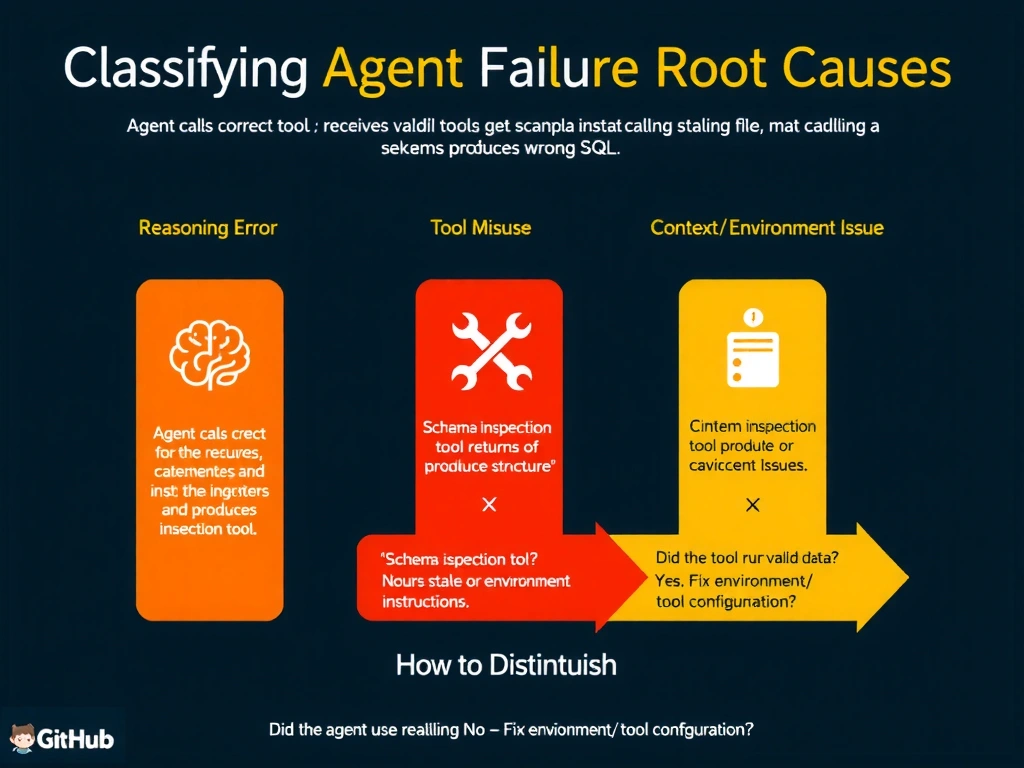 Landscape 2048x1536 infographic titled 'Classifying Agent Failure Root Causes'. Three columns with distinct headers and color coding. Left column (orange): 'Reasoning Error' — icon of a brain with an X. Example: 'Agent calls correct tool, receives valid schema, then ignores it and produces wrong SQL.' Fix label: 'Revise instructions / reasoning structure'. Center column (red): 'Tool Misuse' — icon of a wrench with an X. Example: 'Agent reads a flat file to get schema instead of calling the schema inspection tool.' Fix label: 'Update tool selection instructions'. Right column (yellow): 'Context / Environment Issue' — icon of a server with a warning sign. Example: 'Schema inspection tool returns stale or incorrect data due to environment misconfiguration.' Fix label: 'Fix environment / tool configuration'. Below all three: a 'How to Distinguish' decision flowchart: 'Did the agent call the right tool? No → Tool Misuse. Yes → Did the tool return valid data? No → Context Issue. Yes → Did the agent use the data correctly? No → Reasoning Error.' Clean GitHub dark background with distinct color bands per column.