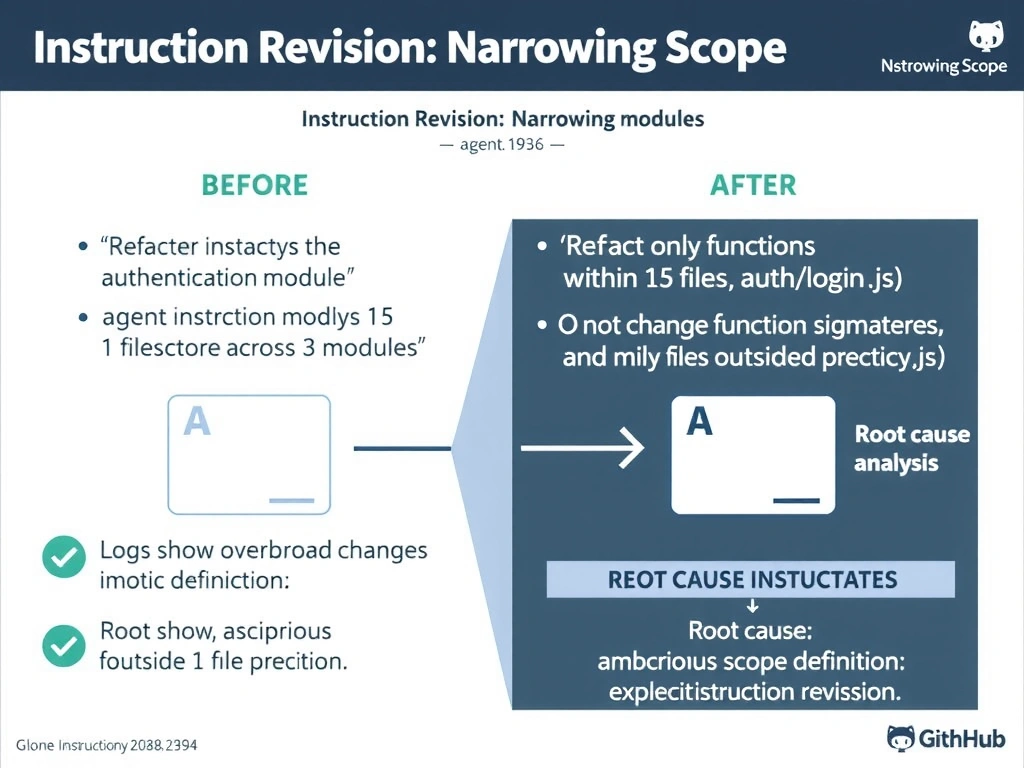 Landscape 2048x1536 infographic titled 'Revising Agent Instructions to Fix Repeated Reasoning Failures'. Left panel: 'Before Fix' — shows a PR description card labeled 'Updated auth.js' with a red badge 'Too Generic: No WHY'. Below it, an agent workflow diagram with two steps: (1) Read changed files, (2) Write PR description. The jump from step 1 to 2 has a red gap labeled 'Missing: Context Retrieval'. Right panel: 'After Fix' — shows a PR description card with sections 'What changed: Updated auth.js' and 'Why: Fixes login timeout issue (#284) — users were being logged out after 5 minutes due to...' with a green badge 'Includes WHY'. Below it, the revised workflow with three steps: (1) Read changed files, (2) NEW STEP: Look up linked issue, summarize problem statement, (3) Write PR description. Step 2 highlighted in green. Bottom banner: 'Rule: Repeated reasoning failures require explicit new workflow steps — not output limits or tool swaps.' Clean GitHub dark theme.