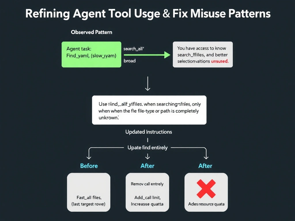 2048x1536 educational infographic titled 'Tool Access Refinement: Replace External with Internal'. Before: agent with web search tool → calls web search for internal docs → slow, expensive, inaccurate. After: web search DISABLED (red X), internal docs MCP tool ADDED (green checkmark) → agent queries internal documentation search → fast, accurate, cost-effective. Cost comparison chart: web search = 5s + external API cost, internal docs tool = 0.2s + no external cost. GitHub dark theme.