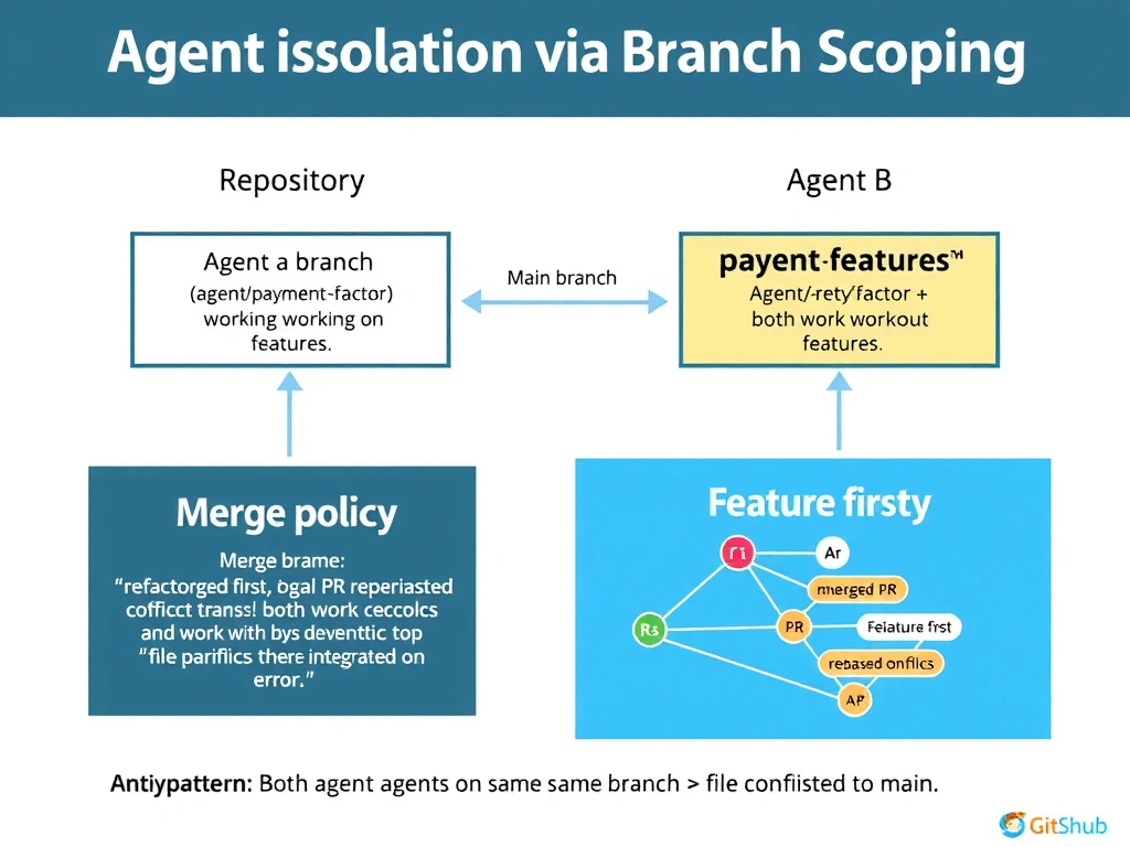2048x1536 educational infographic titled 'Agent Isolation via Branch Scoping'. Repository diagram: main branch → Agent A branch (agent/payment-refactor) working on refactoring → Agent B branch (agent/payment-features) working on features. Both work in parallel without conflict. Merge policy shown: refactor PR merged first → feature PR rebased on top → integrated to main. Anti-pattern: both agents on same branch → file conflict errors. Git branch graph visualization. GitHub theme.