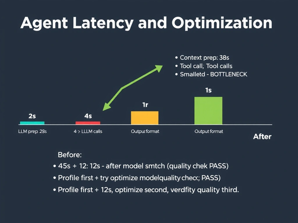 Educational infographic 1024x768 titled 'Agent Latency Profiling and Optimization'. Horizontal pipeline bar: 'Context prep: 2s' (small, green) | 'LLM call: 38s' (large, red — BOTTLENECK) | 'Tool calls: 4s' (medium, yellow) | 'Output format: 1s' (small, green). Arrow pointing at LLM call: 'Try smaller model or prompt compression'. Before/After bar: '45s → 12s after model switch (quality check: PASS)'. Bottom: 'Profile first, optimize second, verify quality third'. GitHub dark theme.
