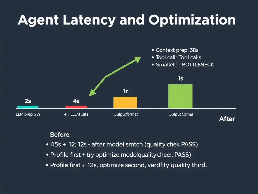 Educational infographic 1024x768 titled 'Agent Latency Profiling and Optimization'. Horizontal pipeline bar: 'Context prep: 2s' (small, green) | 'LLM call: 38s' (large, red — BOTTLENECK) | 'Tool calls: 4s' (medium, yellow) | 'Output format: 1s' (small, green). Arrow pointing at LLM call: 'Try smaller model or prompt compression'. Before/After bar: '45s → 12s after model switch (quality check: PASS)'. Bottom: 'Profile first, optimize second, verify quality third'. GitHub dark theme.