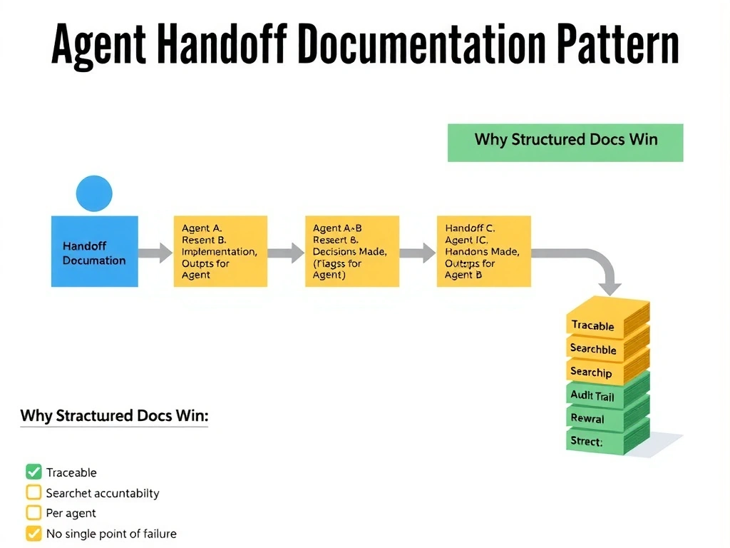 2048x1536 landscape infographic titled 'Agent Handoff Documentation Pattern'. Shows a left-to-right pipeline: three agent boxes labeled Agent A: Research, Agent B: Implementation, Agent C: Review. Between each pair of agents is a Handoff Document card. Handoff Doc A→B shows sections: Inputs Received, Decisions Made (with bullet example), Outputs Produced, Flags for Agent B. Handoff Doc B→C shows the same structure. Below the pipeline, a completed Audit Trail stack shows all handoff docs collected in order. A sidebar labeled 'Why Structured Docs Win' lists: Traceable, Searchable, Per-agent accountability, No single point of failure. Use a clean flowchart style with blue agent boxes, yellow handoff cards, and green audit trail on white background.