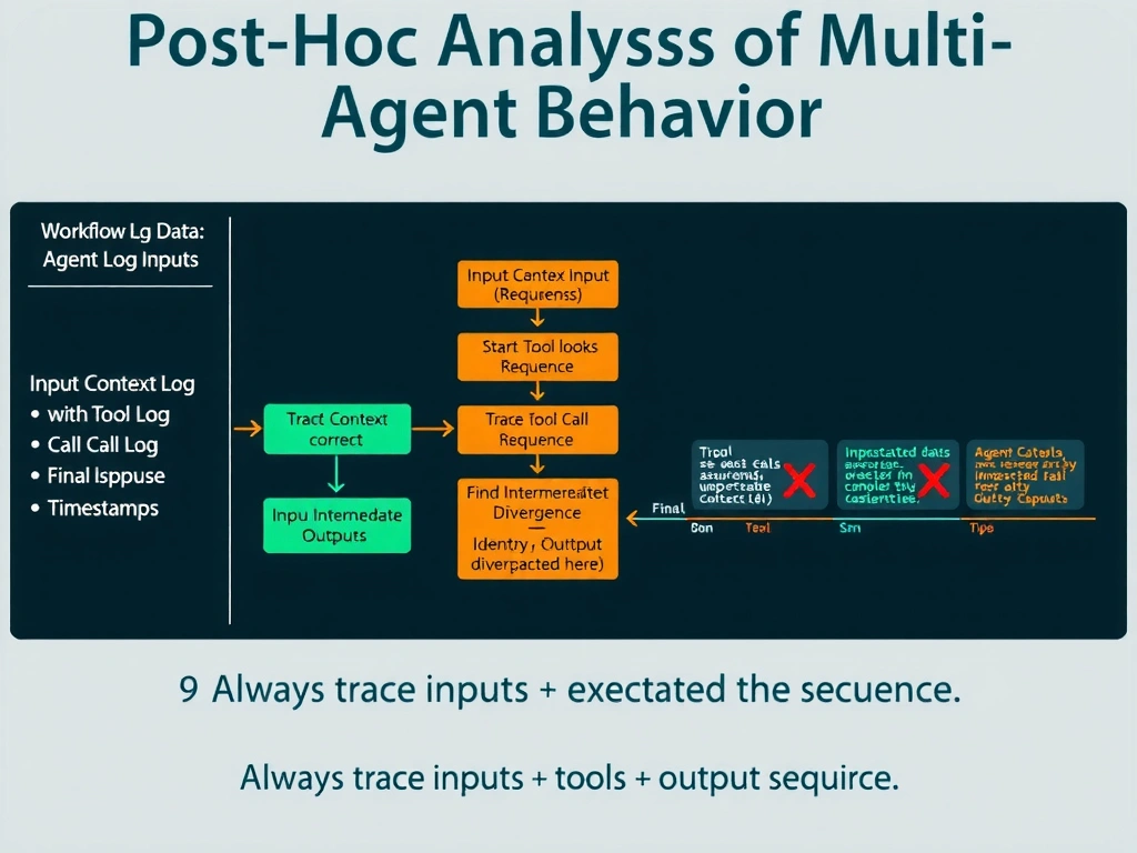 2048x1536 landscape infographic titled 'Post-Hoc Analysis of Multi-Agent Behavior'. Left column labeled 'Workflow Log Data' lists log types: Input Context Log, Tool Call Log (with tool name, args, response), Intermediate Outputs, Final Output, Timestamps. Center shows a flowchart investigation process: Start at Agent B Inputs → Check Context Received → Trace Tool Call Sequence → Find Intermediate Output Divergence → Identify Root Cause. Highlight boxes show: green checkmark for 'Input looks correct', orange warning for 'Tool call returned unexpected data', red X for 'Output diverged here'. Right side shows a simple timeline of Agent B execution with annotated log entries. Bottom footer: 'Always trace inputs → tools → outputs in sequence'. Use detective/forensic aesthetic with dark background, green terminal-style text, and orange/red highlights.