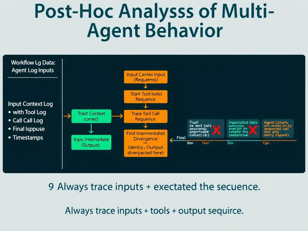 2048x1536 landscape infographic titled 'Post-Hoc Analysis of Multi-Agent Behavior'. Left column labeled 'Workflow Log Data' lists log types: Input Context Log, Tool Call Log (with tool name, args, response), Intermediate Outputs, Final Output, Timestamps. Center shows a flowchart investigation process: Start at Agent B Inputs → Check Context Received → Trace Tool Call Sequence → Find Intermediate Output Divergence → Identify Root Cause. Highlight boxes show: green checkmark for 'Input looks correct', orange warning for 'Tool call returned unexpected data', red X for 'Output diverged here'. Right side shows a simple timeline of Agent B execution with annotated log entries. Bottom footer: 'Always trace inputs → tools → outputs in sequence'. Use detective/forensic aesthetic with dark background, green terminal-style text, and orange/red highlights.