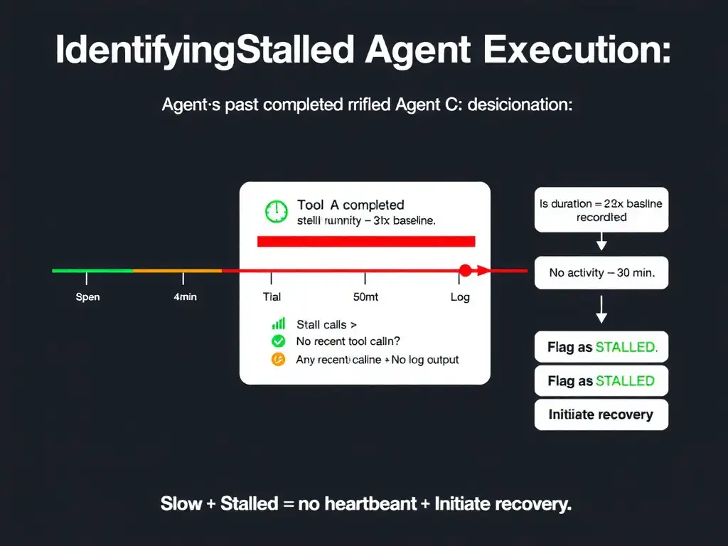 2048x1536 landscape infographic titled 'Identifying Stalled Agent Execution'. Left side shows a timeline comparison: three horizontal swimlanes for Agent A (green, completed at 8min), Agent B (green, completed at 10min), Agent C (red, still running at 45min with no activity after 15min). Agent C's timeline shows tool call activity stopping with a flat red line labeled 'No activity — 30 minutes'. Center panel shows three stall indicators with icons: Clock icon (Duration 4.5x baseline), Silent icon (No tool calls recorded), Log icon (No log output). Right panel shows the decision tree: Is duration > 2x baseline? → Yes → Any recent tool calls? → No → Flag as STALLED → Initiate recovery. Bottom: 'Slow ≠ Stalled. Stalled = no heartbeat + excessive time'. Use red warning colors for Agent C's swimlane, green for completed agents, dark background.