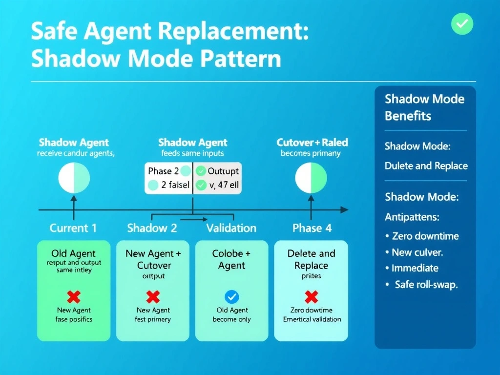 2048x1536 landscape infographic titled 'Safe Agent Replacement: Shadow Mode Pattern'. Shows a 4-phase horizontal timeline: Phase 1 'Current State' — Old Scanning Agent feeds output to downstream agents. Phase 2 'Shadow Mode' — both Old Agent and New Agent (labeled Shadow) receive same inputs, outputs shown side-by-side with comparison, downstream agents still use Old Agent only. Phase 3 'Validation' — comparison table shows New Agent: 2 false positives vs Old Agent: 47 false positives, green checkmark for New Agent. Phase 4 'Cutover + Retire' — New Agent becomes primary, Old Agent marked as Retired with grey-out. Bottom shows antipatterns with red X: Delete and Replace, Immediate Swap. Right sidebar: Shadow Mode Benefits — Zero downtime, Empirical validation, Safe rollback. Use a professional blue-green color scheme with clear phase dividers.