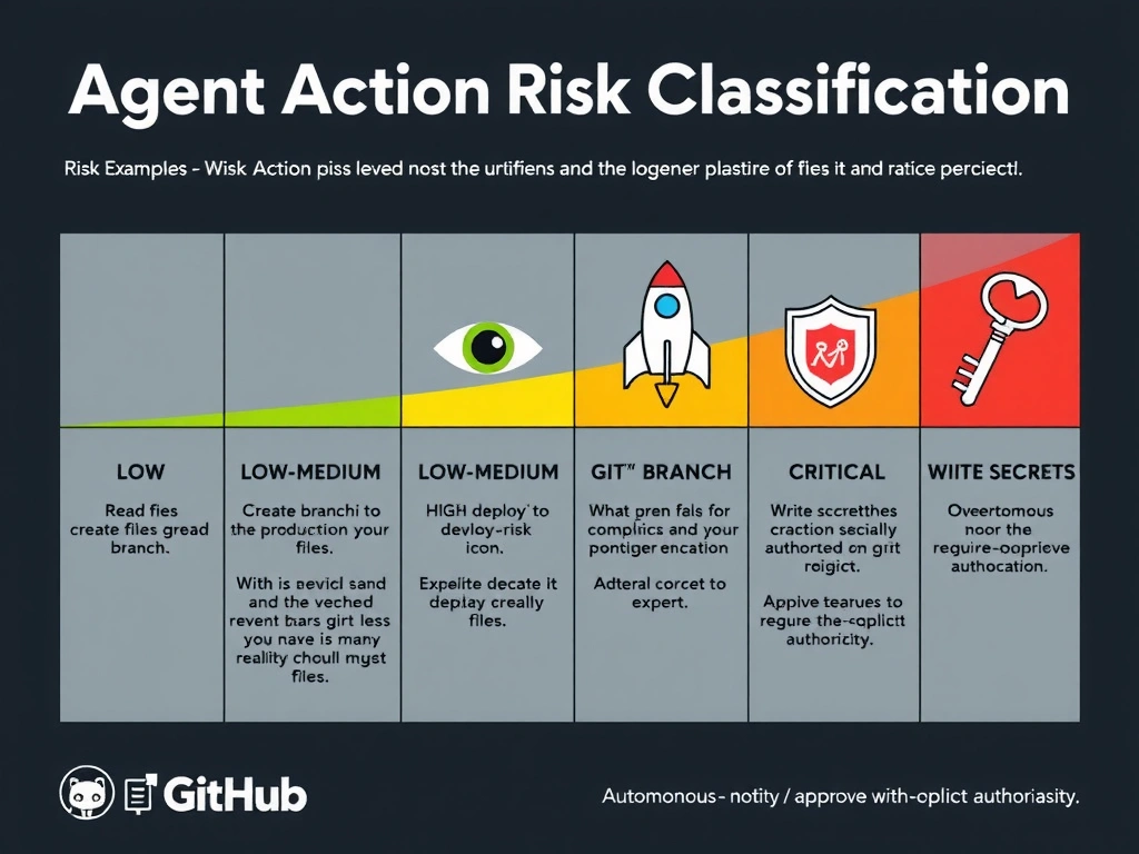 2048x1536 educational infographic titled 'Agent Action Risk Classification'. Risk scale from LOW to CRITICAL with action examples: LOW — read files (eye icon), LOW-MEDIUM — create branch (git branch icon), HIGH — deploy to production (rocket icon with warning), CRITICAL — write secrets (key icon with shield). Each level: description of why that risk level, oversight requirement (autonomous / notify / approve / require-explicit-authorization). Color gradient: green → yellow → orange → red. GitHub branding.