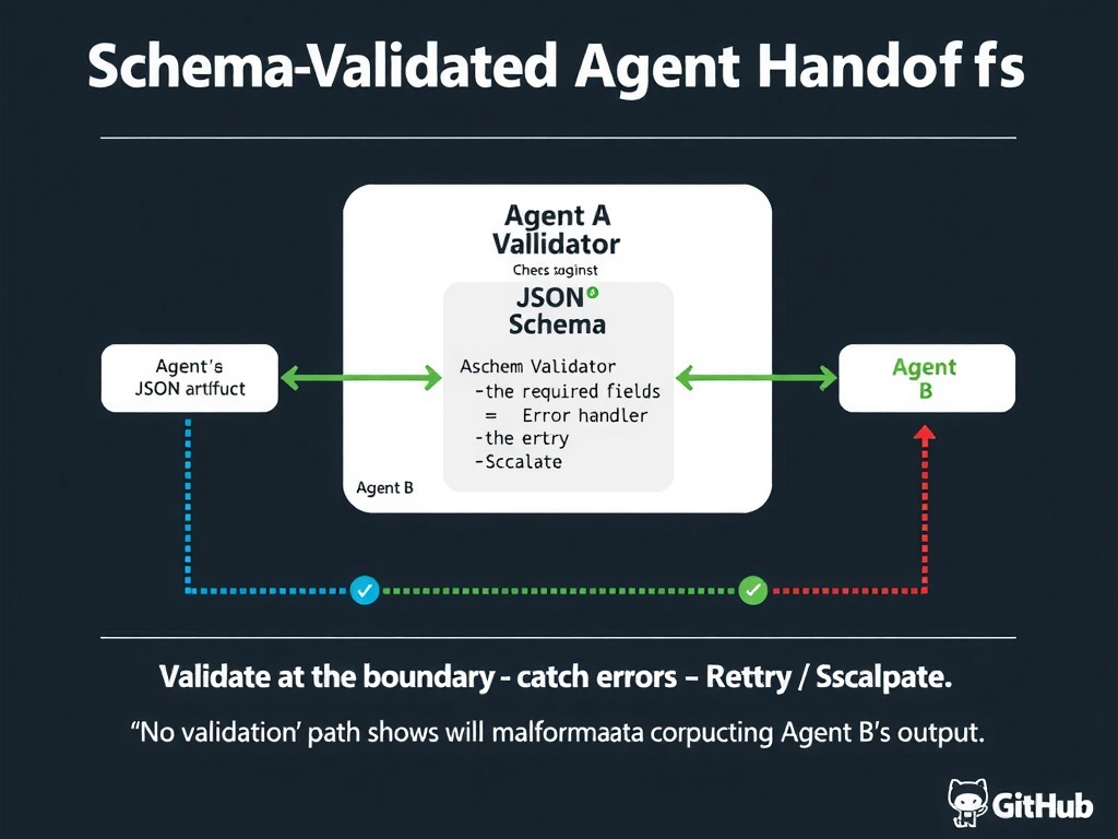 Educational infographic 1024x768 titled 'Schema-Validated Agent Handoffs'. Pipeline: 'Agent A' produces JSON artifact → 'Schema Validator' checks against JSON Schema → two outcomes: VALID (green arrow) to 'Agent B'; INVALID (red arrow) to 'Error Handler → Retry / Escalate'. Center: example schema snippet showing required fields. Bottom: 'Validate at the boundary — catch errors before they propagate'. Contrast with 'No validation' path showing malformed data corrupting Agent B's output. GitHub dark theme.
