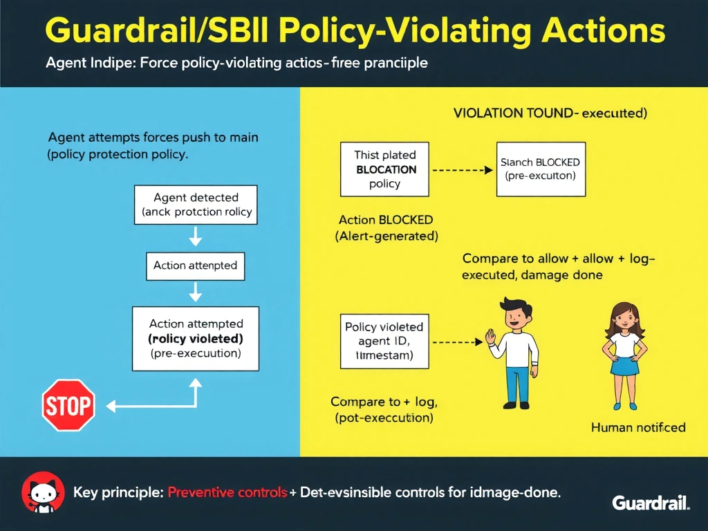2048x1536 educational infographic titled 'Guardrail: Block Policy-Violating Actions'. Sequence diagram: Agent attempts force push to main → Policy Engine checks action against rules → VIOLATION DETECTED (branch protection policy) → Action BLOCKED (pre-execution) → Alert generated with: action attempted, policy violated, agent ID, timestamp → Human notified. Compare to wrong approach: allow + log (post-execution, damage done). Key principle: 'Preventive controls > Detective controls for irreversible actions.' Red stop sign icon. GitHub theme.