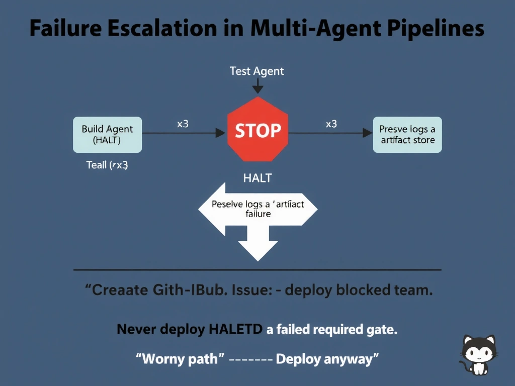 Educational infographic 1024x768 titled 'Failure Escalation in Multi-Agent Pipelines'. Pipeline flow: 'Build Agent (PASS)' → 'Test Agent (FAIL x3 — HALT)'. Red STOP sign at Test Agent. Three branches from halt: (1) 'Preserve logs → artifact store'; (2) 'Create GitHub Issue: Test agent failure'; (3) 'Notify team'. Blocked arrow labeled 'Pipeline HALTED — deploy blocked'. Bottom: 'Never deploy past a failed required gate'. Contrast shown: wrong path 'Deploy anyway' with danger icon. GitHub dark theme.