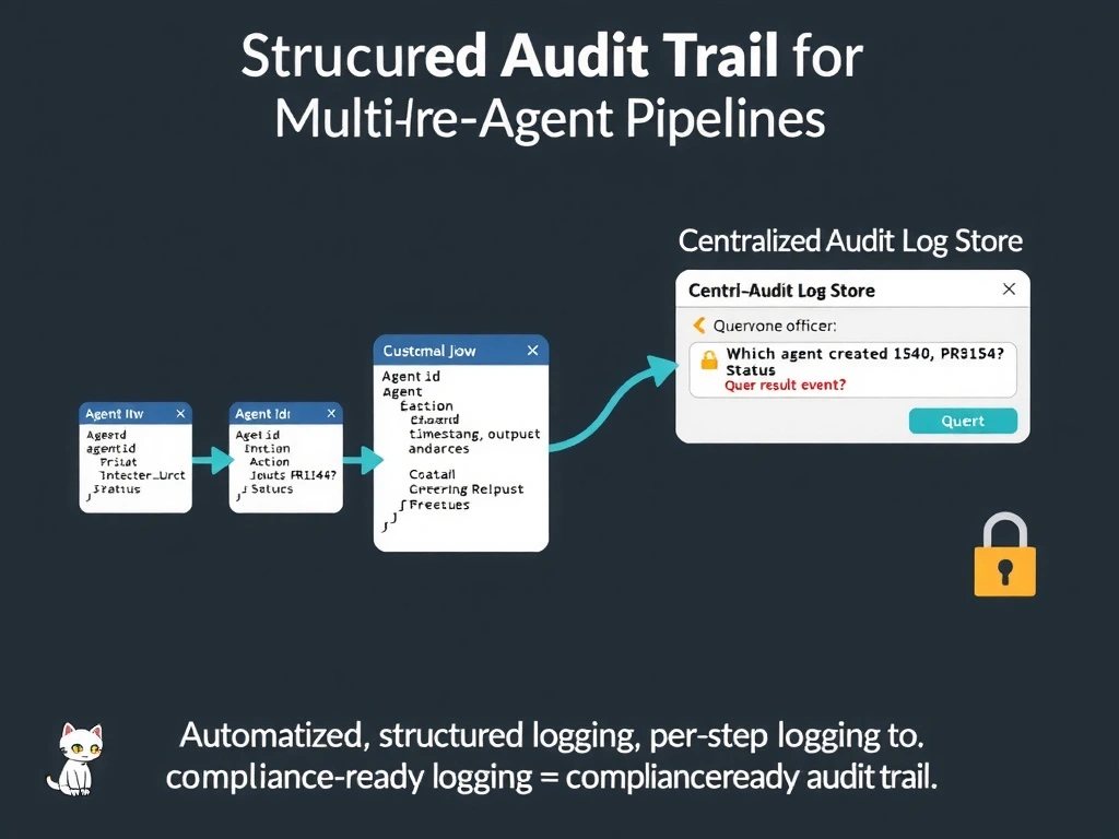 Educational infographic 1024x768 titled 'Structured Audit Trail for Multi-Agent Pipelines'. Left: three agent steps in a pipeline each emit a structured JSON event (schema shown: agentid, action, timestamp, inputs, outputs, status). Arrows from all three to center 'Centralized Audit Log Store'. Right: compliance officer querying log: 'Which agent created PR #142?' → query result shows exact event. Bottom: 'Automated, structured, per-step logging = compliance-ready audit trail'. GitHub dark theme, lock/audit icon.