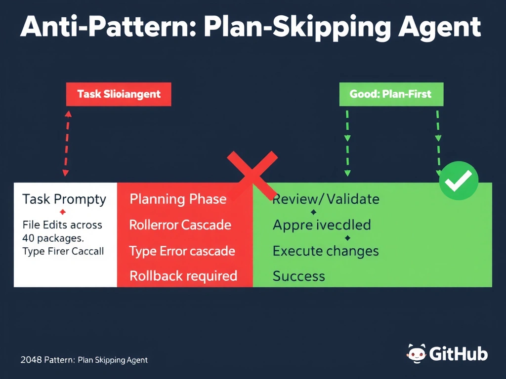 A 2048x1536 landscape infographic titled 'Anti-Pattern: Plan-Skipping Agent' split into two halves. LEFT HALF labeled 'Bad: Plan-Skipping' shows a red flow: Task Prompt → immediately → File Edits across 40 packages → Type Error Cascade → Rollback required. Chaotic red arrows everywhere. RIGHT HALF labeled 'Good: Plan-First' shows a green flow: Task Prompt → Planning Phase (produces structured JSON plan) → Review/Validate → Approved → Execute changes → Success. Clean sequential arrows. Center divider is a bold red X vs green checkmark. Background dark navy, GitHub branding style.