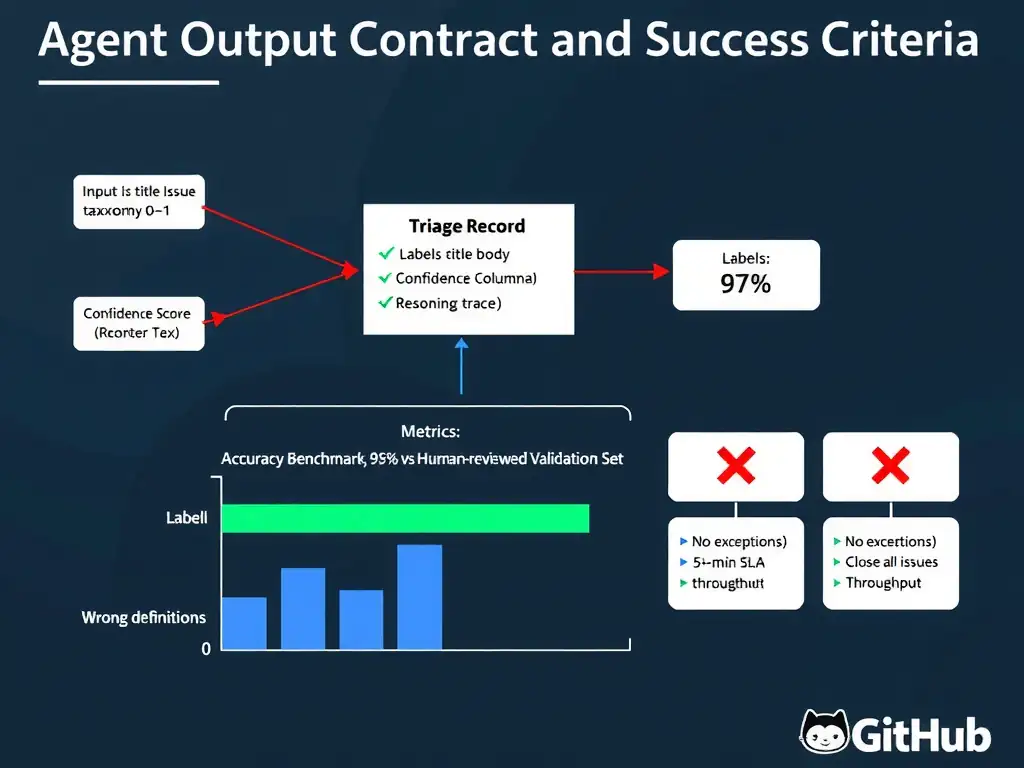 A 2048x1536 landscape infographic titled 'Agent Output Contract and Success Criteria' showing a central artifact card labeled 'Triage Record' with four fields: Labels (taxonomy tags), Destination Column, Confidence Score (0-1), Reasoning Trace (text). Arrows point into this card from the left showing inputs: GitHub Issue title, body, reporter. Arrows exit right to: Project Board column update, Label API call. Below the card is a metrics bar chart labeled 'Accuracy Benchmark: 95% vs. Human-Reviewed Validation Set' showing a green bar at 97%. Three red X cards on the right show the wrong definitions: 'No exceptions' (operational), '5-min SLA' (latency), 'Close all issues' (throughput). Dark navy background, GitHub styling.