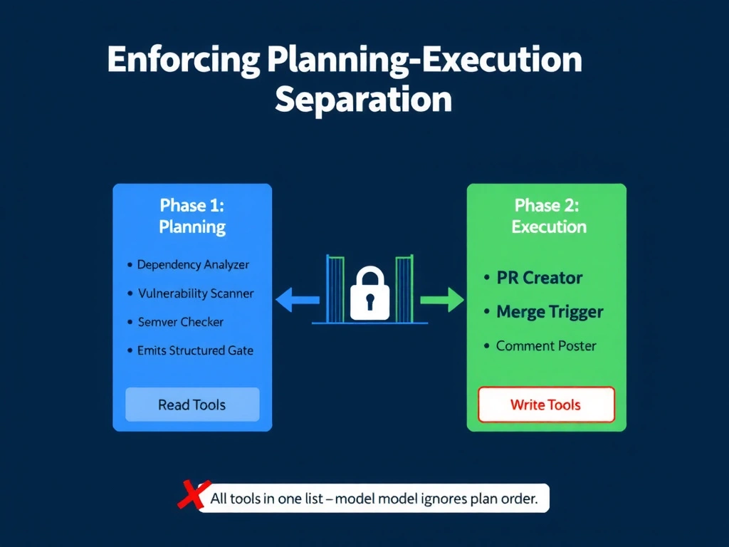 A 2048x1536 landscape infographic titled 'Enforcing Planning-Execution Separation' showing two side-by-side phase boxes connected by a gate icon. LEFT box labeled 'Phase 1: Planning' has a blue background with only 'Read Tools' listed: Dependency Analyzer, Vulnerability Scanner, Semver Checker. An output arrow labeled 'Emits Structured Plan' exits the box. CENTER shows a gate/lock icon labeled 'Plan Validation Gate.' RIGHT box labeled 'Phase 2: Execution' has a green background with 'Write Tools': PR Creator, Merge Trigger, Comment Poster. A red X box below shows 'All tools in one list — model ignores plan order.' Dark navy background, GitHub styling.