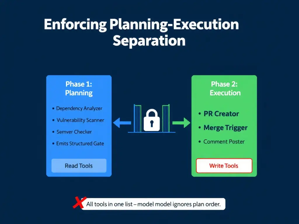 A 2048x1536 landscape infographic titled 'Enforcing Planning-Execution Separation' showing two side-by-side phase boxes connected by a gate icon. LEFT box labeled 'Phase 1: Planning' has a blue background with only 'Read Tools' listed: Dependency Analyzer, Vulnerability Scanner, Semver Checker. An output arrow labeled 'Emits Structured Plan' exits the box. CENTER shows a gate/lock icon labeled 'Plan Validation Gate.' RIGHT box labeled 'Phase 2: Execution' has a green background with 'Write Tools': PR Creator, Merge Trigger, Comment Poster. A red X box below shows 'All tools in one list — model ignores plan order.' Dark navy background, GitHub styling.