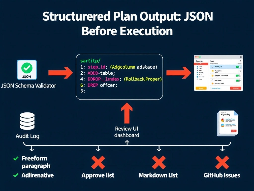 A 2048x1536 landscape infographic titled 'Structured Plan Output: JSON Before Execution' showing a centered JSON code block with syntax highlighting: an array of migration step objects each containing stepid, targettable, operation (ADDCOLUMN, DROPINDEX), estimatedrowsaffected, and rollbackprocedure fields. Arrows exit the JSON block to three consumer icons: (1) JSON Schema Validator with green checkmark; (2) Audit Log database icon; (3) Review UI dashboard showing step list with approve/reject buttons. A bottom row shows three red X alternatives: freeform paragraph, Markdown list, GitHub Issue. Dark navy background, green syntax highlighting, GitHub styling.