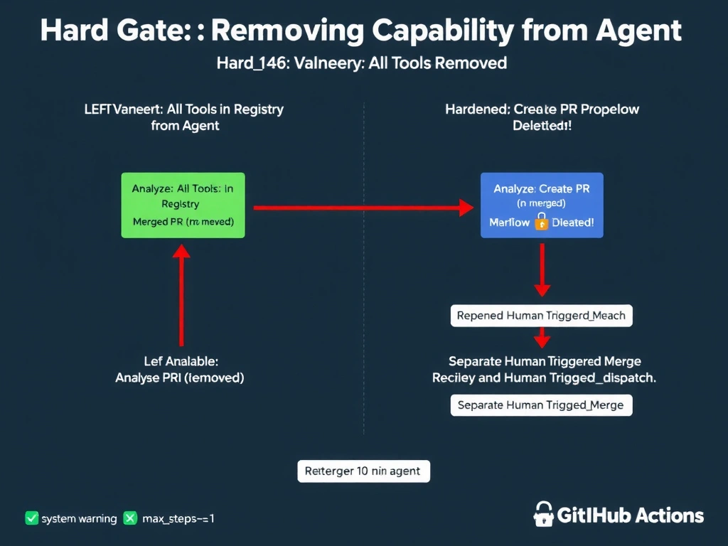 A 2048x1536 landscape infographic titled 'Hard Gate: Removing Merge Capability from Agent' showing two architecture diagrams side by side. LEFT diagram labeled 'Vulnerable: All Tools in Registry' shows agent box with tools: Analyze, Create PR, Merge — with a red arrow directly from agent to 'Merged PR (Production Deleted!)'. RIGHT diagram labeled 'Hardened: Merge Tool Removed' shows agent box with only tools: Analyze, Create PR (no merge). The PR feeds to a 'Human Review' step which shows a reviewer reading diff, then triggering a 'GitHub Actions workflowdispatch' labeled 'Separate Human-Triggered Merge.' A lock icon separates the agent from the merge action. Three red X options shown at bottom: system prompt warning, 10-min wait, maxsteps=1. Dark navy background, GitHub Actions green and GitHub styling.