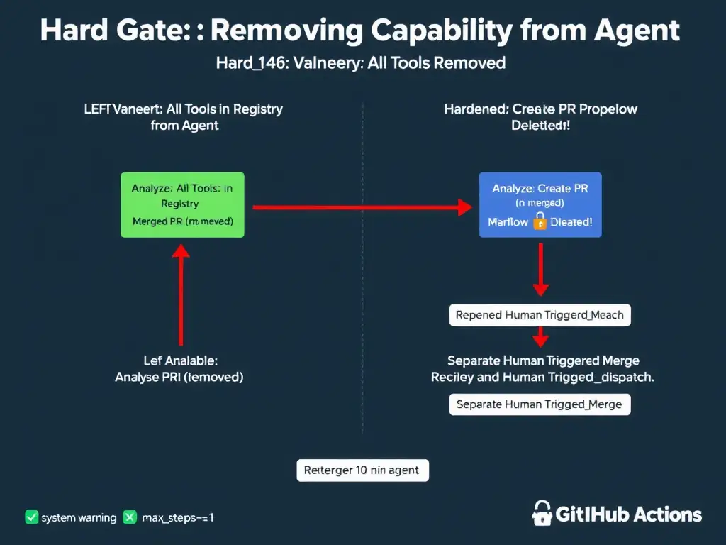 A 2048x1536 landscape infographic titled 'Hard Gate: Removing Merge Capability from Agent' showing two architecture diagrams side by side. LEFT diagram labeled 'Vulnerable: All Tools in Registry' shows agent box with tools: Analyze, Create PR, Merge — with a red arrow directly from agent to 'Merged PR (Production Deleted!)'. RIGHT diagram labeled 'Hardened: Merge Tool Removed' shows agent box with only tools: Analyze, Create PR (no merge). The PR feeds to a 'Human Review' step which shows a reviewer reading diff, then triggering a 'GitHub Actions workflowdispatch' labeled 'Separate Human-Triggered Merge.' A lock icon separates the agent from the merge action. Three red X options shown at bottom: system prompt warning, 10-min wait, maxsteps=1. Dark navy background, GitHub Actions green and GitHub styling.