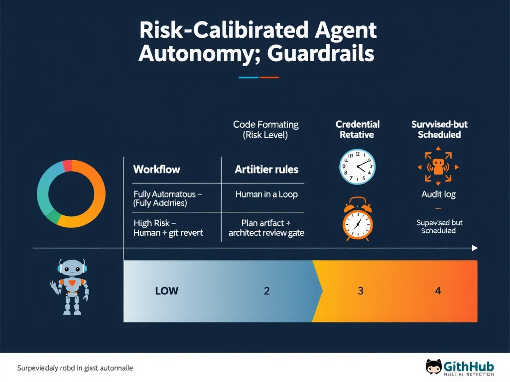 A 2048x1536 landscape infographic titled 'Risk-Calibrated Agent Autonomy' showing a 3-row table with columns: Workflow, Risk Level, Autonomy Mode, Guardrails. Row 1: Code Formatting — Low Risk (green), Fully Autonomous, Prettier rules + git revert. Row 2: Architectural Refactors — High Risk (red), Human-in-the-Loop, Plan artifact + architect review gate. Row 3: Credential Rotation — Security Sensitive (orange), Supervised-but-Scheduled, Audit log + anomaly detection + override. Left side shows a risk dial graphic from LOW to HIGH. Right side shows three autonomy icons: robot (autonomous), human+robot (supervised), clock+robot (scheduled). Dark navy background, GitHub styling.
