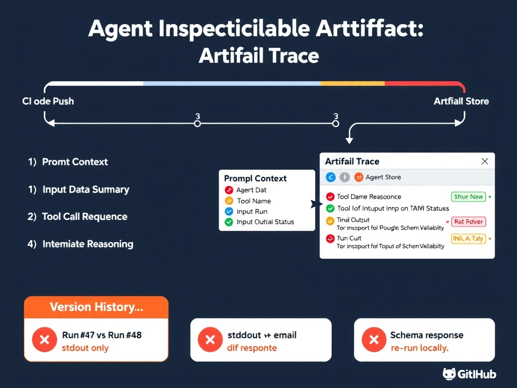 A 2048x1536 landscape infographic titled 'Agent Inspectable Artifact: Structured Trace' showing a CI pipeline flow at the top: Code Push → CI Trigger → Agent Run → Artifact Store. The Artifact Store expands into a detailed card showing four sections of the trace artifact: (1) Prompt Context — shows input data summary; (2) Tool Call Sequence — table with columns: Step, Tool Name, Input, Output, Status; (3) Intermediate Reasoning — chain-of-thought bullet points; (4) Final Output + Schema Validation — JSON output with green VALID or red INVALID badge. A version history panel shows 'Run #47 vs Run #48' diff view for comparison. Three red X alternatives at bottom: 'stdout only,' 'email response,' 're-run locally.' Dark navy background, GitHub Actions orange and GitHub styling.