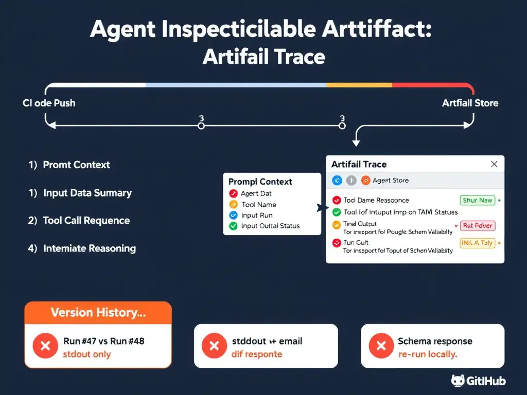 A 2048x1536 landscape infographic titled 'Agent Inspectable Artifact: Structured Trace' showing a CI pipeline flow at the top: Code Push → CI Trigger → Agent Run → Artifact Store. The Artifact Store expands into a detailed card showing four sections of the trace artifact: (1) Prompt Context — shows input data summary; (2) Tool Call Sequence — table with columns: Step, Tool Name, Input, Output, Status; (3) Intermediate Reasoning — chain-of-thought bullet points; (4) Final Output + Schema Validation — JSON output with green VALID or red INVALID badge. A version history panel shows 'Run #47 vs Run #48' diff view for comparison. Three red X alternatives at bottom: 'stdout only,' 'email response,' 're-run locally.' Dark navy background, GitHub Actions orange and GitHub styling.