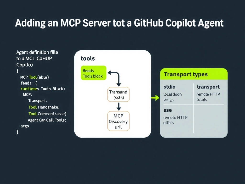 A wide 2048x1536 landscape infographic titled 'Adding an MCP Server to a GitHub Copilot Agent'. Left side shows a YAML code snippet of an agent definition file with a highlighted 'tools' section containing an 'mcp' entry with fields: name, transport (stdio/sse), command/url, and args. Center shows a flow diagram: Agent Definition File → Runtime Reads Tools Block → MCP Handshake → Tool Discovery → Agent Can Call Tools. Right side shows a comparison table of transport types: stdio (local process, command/args) vs sse (remote HTTP, url). Color scheme: GitHub dark navy and green. Clean tech-documentation style with code font highlights.