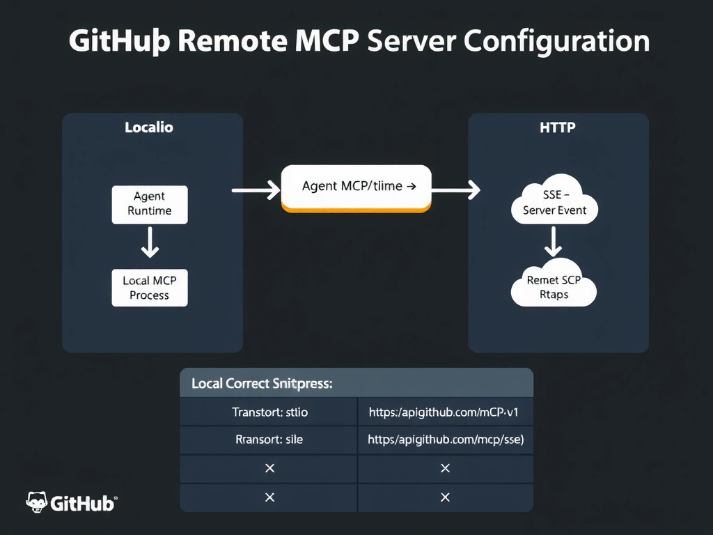 A 2048x1536 landscape infographic titled 'GitHub Remote MCP Server Configuration'. Left panel shows a local stdio MCP setup: a process box labeled 'Agent Runtime' with an arrow labeled 'stdin/stdout' connecting to a box labeled 'Local MCP Process'. Right panel shows the remote SSE setup: 'Agent Runtime' box with an HTTP arrow labeled 'SSE — Server-Sent Events' connecting to a cloud icon labeled 'api.github.com/mcp/v1 (GitHub Remote MCP)'. Center top shows the correct YAML snippet: transport: sse, url: https://api.github.com/mcp/v1. Bottom comparison table: Local (stdio) vs Remote (sse) with checkmarks and X marks. GitHub brand colors, clean dark background, code-documentation style.