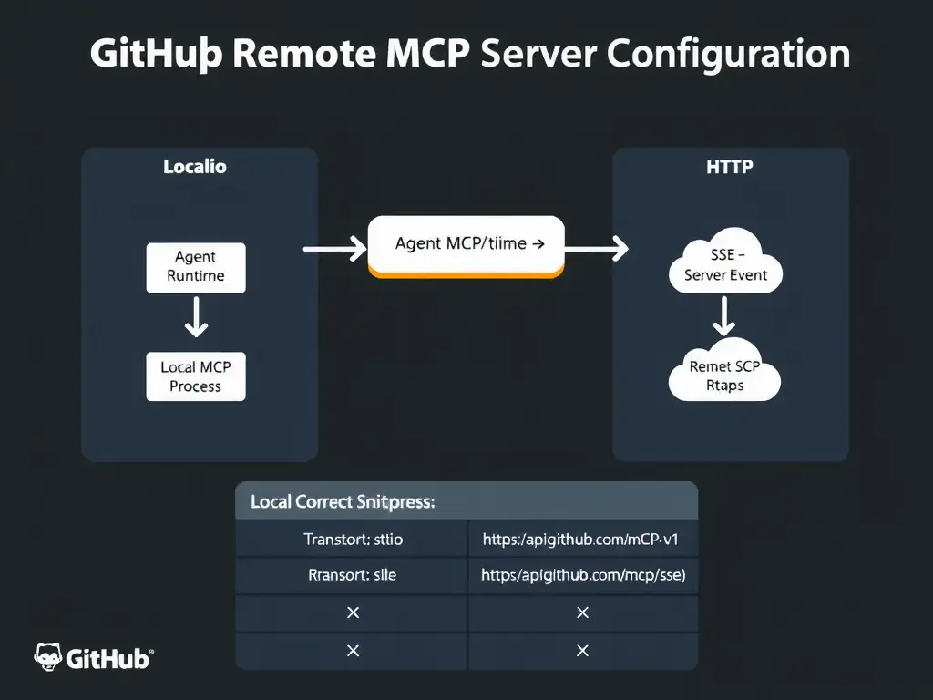 A 2048x1536 landscape infographic titled 'GitHub Remote MCP Server Configuration'. Left panel shows a local stdio MCP setup: a process box labeled 'Agent Runtime' with an arrow labeled 'stdin/stdout' connecting to a box labeled 'Local MCP Process'. Right panel shows the remote SSE setup: 'Agent Runtime' box with an HTTP arrow labeled 'SSE — Server-Sent Events' connecting to a cloud icon labeled 'api.github.com/mcp/v1 (GitHub Remote MCP)'. Center top shows the correct YAML snippet: transport: sse, url: https://api.github.com/mcp/v1. Bottom comparison table: Local (stdio) vs Remote (sse) with checkmarks and X marks. GitHub brand colors, clean dark background, code-documentation style.