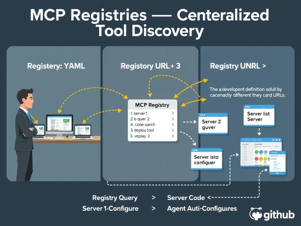 A 2048x1536 landscape infographic titled 'MCP Registries — Centralized Tool Discovery'. Left side shows the problem: 3 developer laptops each with a different agent definition YAML, all manually listing different MCP server URLs — messy arrows going everywhere. Right side shows the solution: a single 'MCP Registry' box in the center (styled like a catalog/card index) with a 'Registry URL' pointing to it. Arrows from multiple agents and VS Code instances all point to the Registry. The Registry box shows a list: Server 1 (db-query), Server 2 (code-search), Server 3 (deploy-tool). Bottom: a flow showing Registry Query → Server List → Agent Auto-Configures. GitHub dark color scheme, clean infographic style.
