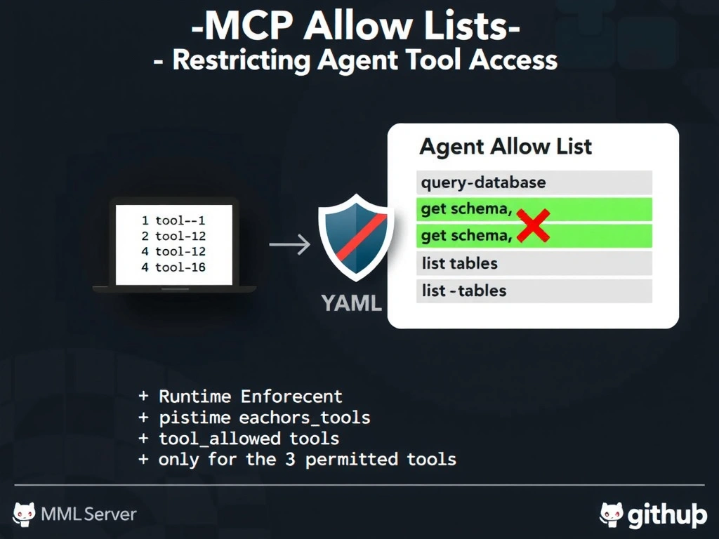 A 2048x1536 landscape infographic titled 'MCP Allow Lists — Restricting Agent Tool Access'. Center shows a 'MCP Server' box listing 12 tools (tool-1 through tool-12). To the right is an 'Agent Allow List' box with only 3 tool names highlighted in green: query-database, get-schema, list-tables. The other 9 tools are shown with a red X or grayed out. A 'Runtime Enforcer' shield icon sits between the agent and server, blocking the 9 disallowed tools. Bottom shows a YAML snippet with a toolsallowed array listing only the 3 permitted tools. Style: security-focused infographic, dark background, green allowed / red blocked color coding, GitHub brand typography.
