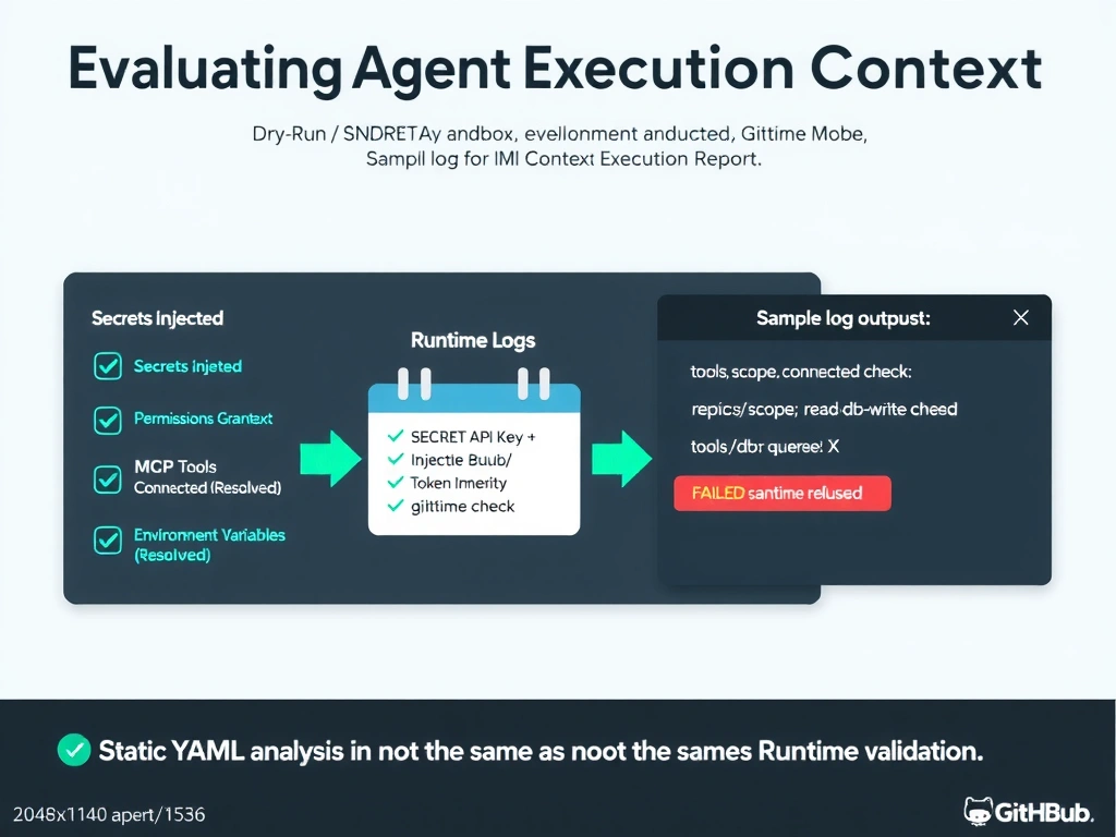 A 2048x1536 landscape infographic titled 'Evaluating Agent Execution Context'. Left side shows a checklist of context components: Secrets Injected (checkmark), Permissions Granted (checkmark), MCP Tools Connected (checkmark), Environment Variables Resolved (checkmark), Token Identity Confirmed (checkmark). Center shows a flow: Dry-Run / Sandbox → Runtime Logs → Context Evaluation Report. Right side shows a sample log output panel with highlighted lines: 'SECRETAPIKEY: injected check', 'tools/github: connected check', 'repo scope: read+write check', 'tools/db-query: FAILED - connection refused X'. Bottom note: 'Static YAML analysis is not the same as Runtime validation'. GitHub dark theme, green checks, red failures, professional infographic style.