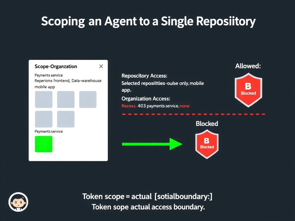 A 2048x1536 landscape infographic titled 'Scoping an Agent to a Single Repository'. Left side shows a GitHub Organization with 5 repository boxes: payments-service (highlighted in green), api-gateway, frontend, data-warehouse, mobile-app (all grayed out with red X). Center shows a GitHub App Installation configuration: 'Repository Access: Selected repositories only → payments-service' and 'Organization Access: none'. Right side shows two outcomes: Allowed (green arrow to payments-service) and Blocked (red shield with 403 error to any other repo). Bottom caption: 'Token scope = actual access boundary'. GitHub dark theme, clean security diagram style.