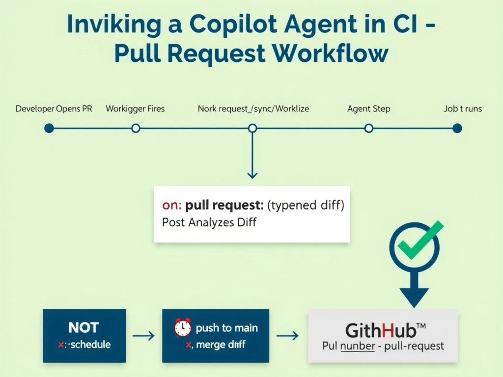 A 2048x1536 landscape infographic titled 'Invoking a Copilot Agent in CI — Pull Request Workflow'. Top shows a timeline: Developer Opens PR → Workflow Trigger Fires (pullrequest: opened/synchronize) → GitHub Actions Job Starts → Agent Step Runs → Agent Analyzes Diff → Posts Review Comment on PR. Center shows the YAML snippet: 'on: pullrequest: types: [opened, synchronize]' and a job step calling the agent action with inputs: pr-number and diff-url. Bottom left shows what NOT to use: schedule (clock icon, red X), push to main (merge icon, red X). Bottom right: green checkmark on the pullrequest trigger. GitHub green and navy color scheme, workflow diagram style.