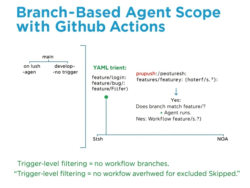 A 2048x1536 landscape infographic titled 'Branch-Based Agent Scope with GitHub Actions'. Left shows a branching tree: main (red X — no trigger), develop (red X — no trigger), feature/login (green checkmark — trigger fires), feature/payment (green checkmark — trigger fires), hotfix/bug (red X — no trigger). Center shows the YAML trigger: 'on: push: branches: [feature/]' with the glob pattern highlighted. Right shows the evaluation flow: Push Event → GitHub Evaluates Branch Filter → Does branch match feature/? → Yes: Workflow Starts → Agent Runs. No: Workflow Skipped. Bottom: 'Trigger-level filtering = no workflow overhead for excluded branches'. GitHub blue/green color scheme, branch diagram style.