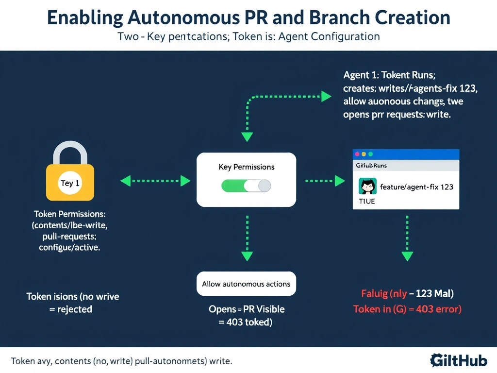 A 2048x1536 landscape infographic titled 'Enabling Autonomous PR and Branch Creation'. Center shows a two-key mechanism: Key 1 labeled 'Token Permissions' (contents: write + pull-requests: write, illustrated as a keychain), Key 2 labeled 'Agent Configuration' (allow-autonomous-actions: true, illustrated as a toggle switch). Both keys must be active. Right side shows the autonomous flow: Agent Runs → Creates Branch (feature/agent-fix-123) → Commits Changes → Opens Pull Request → PR Visible in GitHub. Bottom shows a GitHub Actions permissions block YAML snippet: 'permissions: contents: write, pull-requests: write'. Left side shows failure modes: Token only (no config) = rejected, Config only (no token) = 403 error. GitHub dark navy, green success arrows, red failure paths.