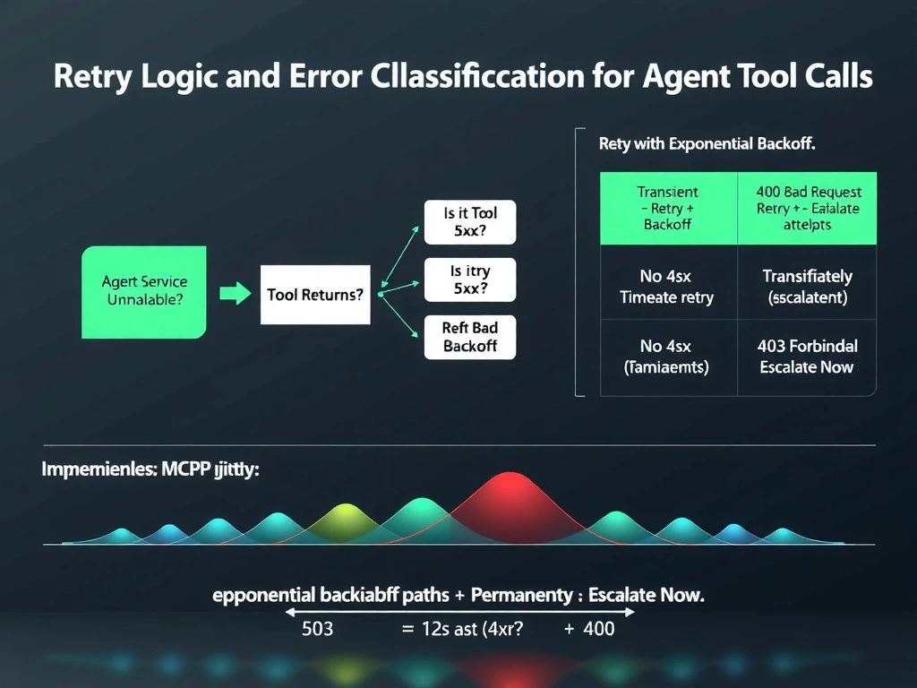 A 2048x1536 landscape infographic titled 'Retry Logic and Error Classification for Agent Tool Calls'. Center is a decision flowchart: Agent Calls MCP Tool → Tool Returns Error → Is it 5xx? → Yes: Retry with Exponential Backoff (1s → 2s → 4s → 8s → max attempts) → If still failing: Escalate. Is it 4xx? → No: Immediately Escalate (no retry). Right side shows a comparison table: 503 Service Unavailable = Transient = Retry + Backoff. 400 Bad Request = Permanent = Escalate Now. 504 Gateway Timeout = Transient = Retry + Backoff. 403 Forbidden = Permanent = Escalate Now. Bottom: exponential backoff formula with jitter visualization. Color: green for retriable paths, red for escalation paths. Dark background, tech-documentation style.