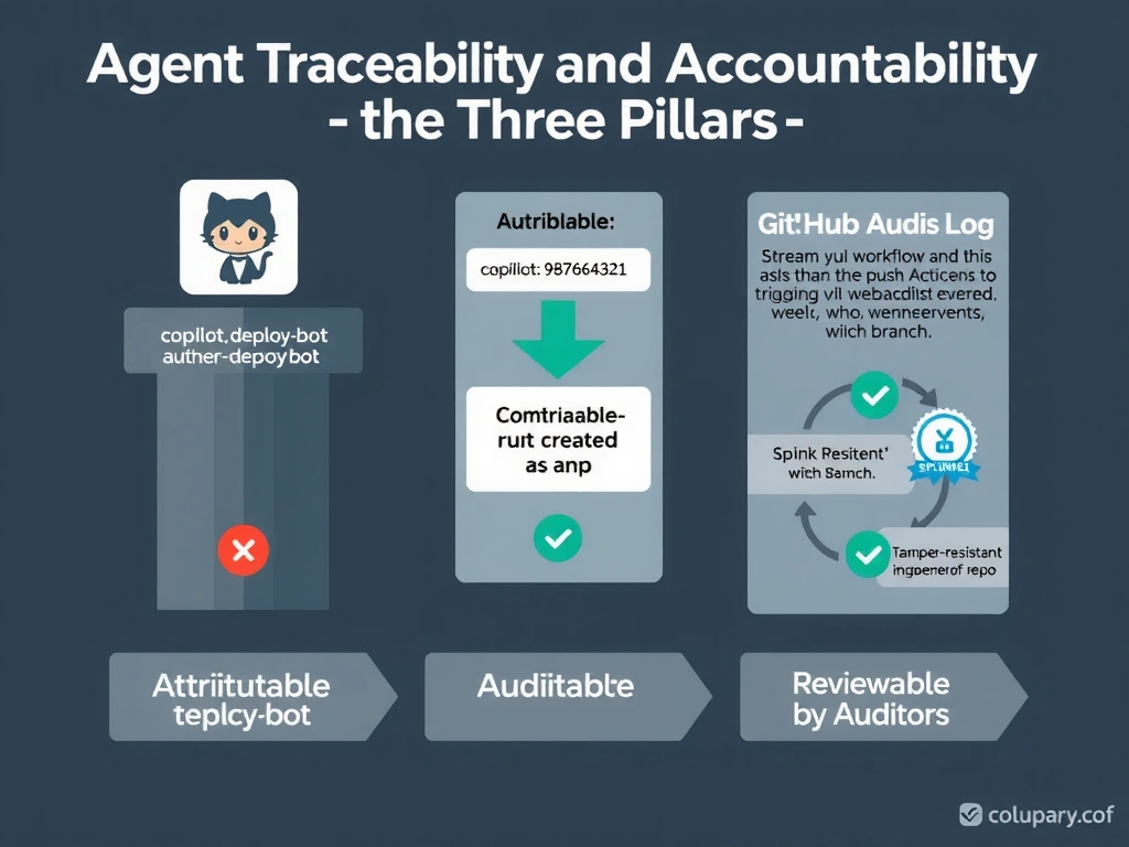 A 2048x1536 landscape infographic titled 'Agent Traceability and Accountability — The Three Pillars'. Three vertical pillar columns: Pillar 1 'Attribution' — shows a GitHub App icon labeled 'copilot-deploy-bot' with arrows to Git commit (authored by app), PR (created by app), API calls (authenticated as app). Pillar 2 'Lineage' — shows commit message containing 'workflow-run-id: 987654321' with an arrow tracing back to GitHub Actions run, which traces back to the triggering push event (who, when, which branch). Pillar 3 'Auditability' — shows GitHub Audit Log streaming via webhook to a SIEM (Splunk/Sentinel icon), with a 'tamper-resistant' badge and 'independent of repo' label. Bottom: checklist — Attributable (checkmark), Traceable (checkmark), Reviewable by Auditors (checkmark). GitHub dark theme, three-column layout, green checkmarks, professional compliance design style.