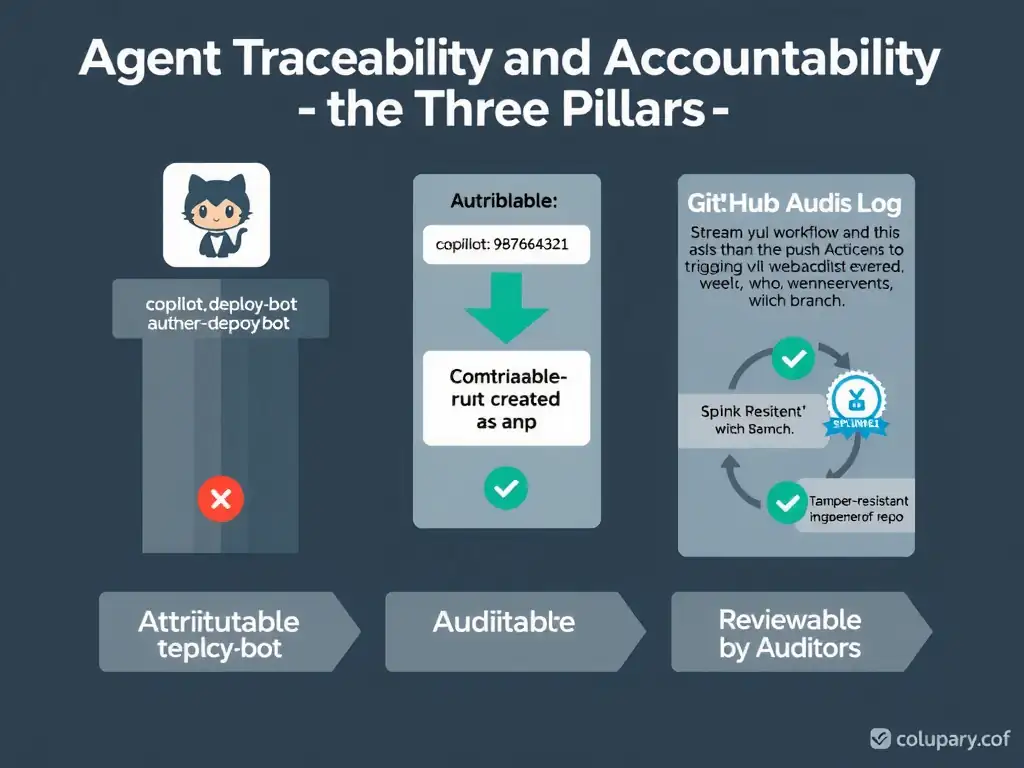 A 2048x1536 landscape infographic titled 'Agent Traceability and Accountability — The Three Pillars'. Three vertical pillar columns: Pillar 1 'Attribution' — shows a GitHub App icon labeled 'copilot-deploy-bot' with arrows to Git commit (authored by app), PR (created by app), API calls (authenticated as app). Pillar 2 'Lineage' — shows commit message containing 'workflow-run-id: 987654321' with an arrow tracing back to GitHub Actions run, which traces back to the triggering push event (who, when, which branch). Pillar 3 'Auditability' — shows GitHub Audit Log streaming via webhook to a SIEM (Splunk/Sentinel icon), with a 'tamper-resistant' badge and 'independent of repo' label. Bottom: checklist — Attributable (checkmark), Traceable (checkmark), Reviewable by Auditors (checkmark). GitHub dark theme, three-column layout, green checkmarks, professional compliance design style.