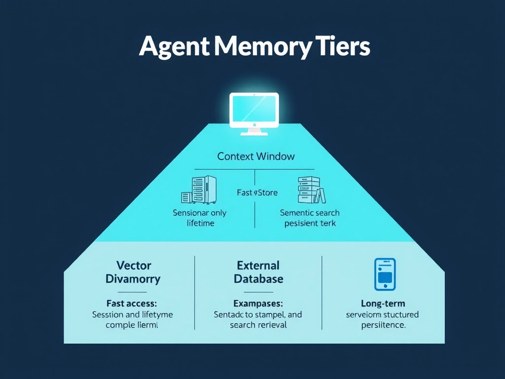 2048x1536 landscape educational infographic titled 'Agent Memory Tiers' showing three horizontal layers: top layer labeled 'Context Window' with a glowing desktop workspace icon showing fast access and session-only lifetime, middle layer labeled 'Vector Store' with a semantic search symbol and filing cabinet showing medium-term cross-session retrieval, bottom layer labeled 'External Database' with a server rack icon showing long-term structured persistence. Each tier has example use cases listed alongside. Clean tech-blueprint style with blue and teal color scheme on dark background.