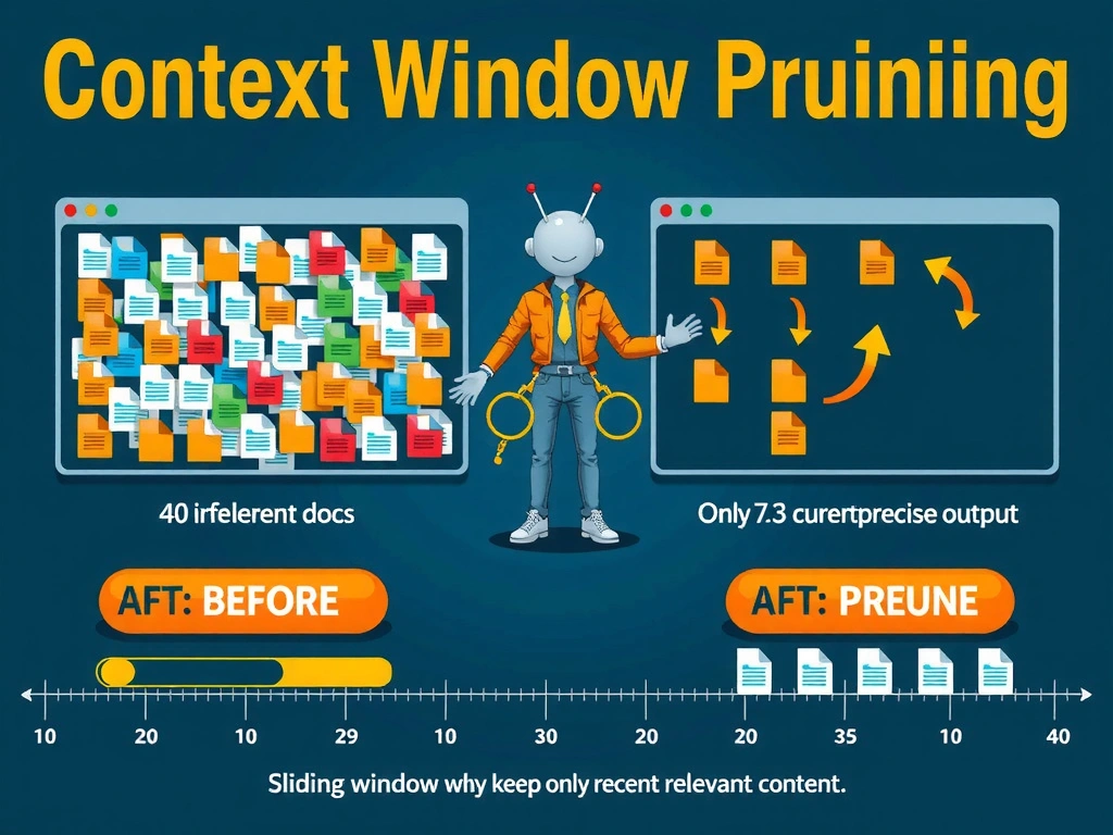 2048x1536 landscape educational infographic titled 'Context Window Pruning' showing a before/after split: left side shows a cluttered context window with 40 overlapping file icons labeled 'irrelevant docs', an agent icon producing confused/scattered output arrows; right side shows a clean context window with only 2-3 current task files, the same agent icon producing focused precise output arrows. A pruning/scissors icon sits between the two states. Bottom section shows a timeline with a sliding window highlight moving across files, keeping only recent relevant content. Dark blue tech style.
