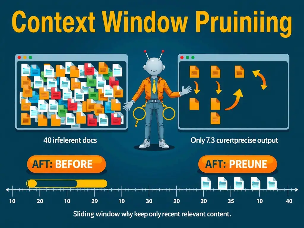 2048x1536 landscape educational infographic titled 'Context Window Pruning' showing a before/after split: left side shows a cluttered context window with 40 overlapping file icons labeled 'irrelevant docs', an agent icon producing confused/scattered output arrows; right side shows a clean context window with only 2-3 current task files, the same agent icon producing focused precise output arrows. A pruning/scissors icon sits between the two states. Bottom section shows a timeline with a sliding window highlight moving across files, keeping only recent relevant content. Dark blue tech style.
