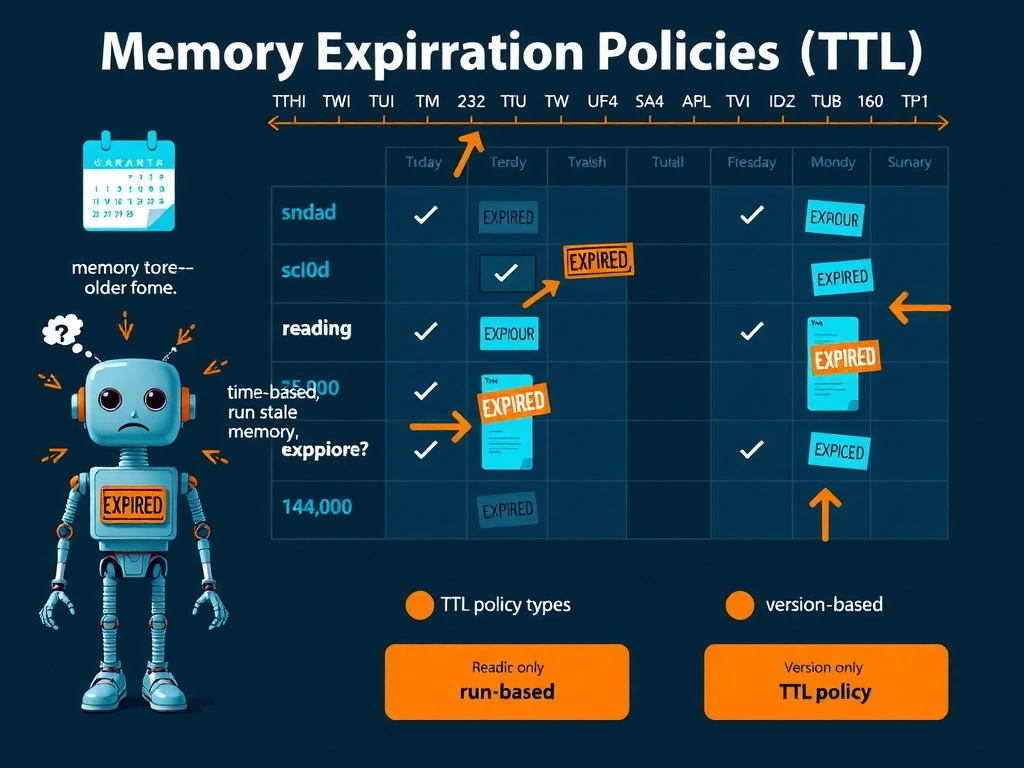 2048x1536 landscape educational infographic titled 'Memory Expiration Policies (TTL)' showing a calendar timeline across the top with nightly run markers. Below it, a memory store showing entries with expiration timestamps — older entries faded/crossed out with 'EXPIRED' stamps. A robot agent icon on the left shows confused behavior when reading stale memory (crossed arrows, contradictory actions), and correct focused behavior when reading only fresh memory (clear directional arrows). Bottom section shows three TTL policy types: time-based, run-based, version-based. Dark tech blue palette with orange accent for expired/stale indicators.