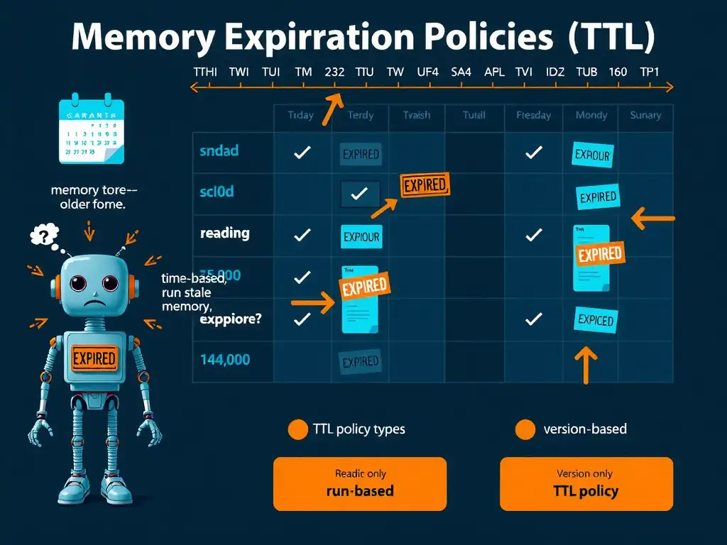 2048x1536 landscape educational infographic titled 'Memory Expiration Policies (TTL)' showing a calendar timeline across the top with nightly run markers. Below it, a memory store showing entries with expiration timestamps — older entries faded/crossed out with 'EXPIRED' stamps. A robot agent icon on the left shows confused behavior when reading stale memory (crossed arrows, contradictory actions), and correct focused behavior when reading only fresh memory (clear directional arrows). Bottom section shows three TTL policy types: time-based, run-based, version-based. Dark tech blue palette with orange accent for expired/stale indicators.
