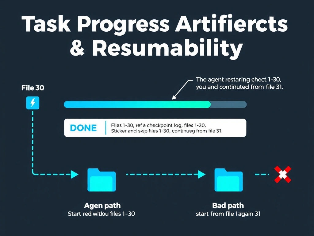 2048x1536 landscape educational infographic titled 'Task Progress Artifacts & Resumability' showing a 50-file processing pipeline as a horizontal progress bar. At file 30, a lightning bolt icon represents an interruption. Below the bar, a checkpoint log shows files 1-30 marked as 'DONE' in a JSON-style artifact. A second timeline shows the agent restarting and reading the checkpoint, skipping files 1-30, and continuing from file 31. A 'bad path' shows the agent restarting without the artifact and starting from file 1 again with a red X. Clean tech style, blue and green accent colors, dark background.