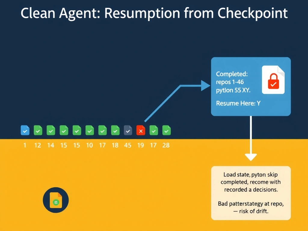 A landscape infographic (2048x1536) titled 'Clean Agent Resumption from Checkpoint'. A numbered list of 100 repository icons arranged left to right in rows. Repositories 1-46 are highlighted green with checkmarks. Repository 47 shows a red crash icon. Repository 48 has a blue 'Resume Here' arrow pointing to it. On the right, a checkpoint file panel shows two sections: 'Completed: repos 1-46' and 'Fix strategy: Python → approach X, TypeScript → approach Y'. An arrow from the checkpoint panel to repo 48 is labeled 'Load state, skip completed, resume with recorded decisions'. A second smaller contrast panel in the bottom-left shows the bad pattern: agent restarting at repo 1, labeled 'Re-derive strategy — risk of drift'. Color palette: dark navy background, green for completed, red for crash, blue for resume, amber for the checkpoint file icon.