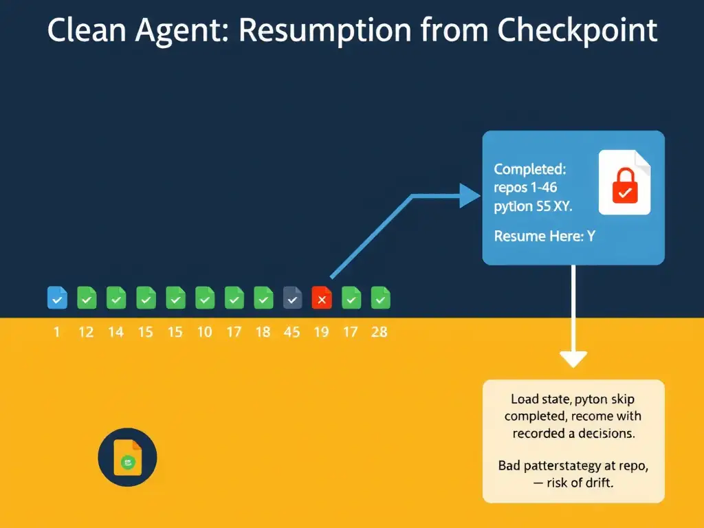 A landscape infographic (2048x1536) titled 'Clean Agent Resumption from Checkpoint'. A numbered list of 100 repository icons arranged left to right in rows. Repositories 1-46 are highlighted green with checkmarks. Repository 47 shows a red crash icon. Repository 48 has a blue 'Resume Here' arrow pointing to it. On the right, a checkpoint file panel shows two sections: 'Completed: repos 1-46' and 'Fix strategy: Python → approach X, TypeScript → approach Y'. An arrow from the checkpoint panel to repo 48 is labeled 'Load state, skip completed, resume with recorded decisions'. A second smaller contrast panel in the bottom-left shows the bad pattern: agent restarting at repo 1, labeled 'Re-derive strategy — risk of drift'. Color palette: dark navy background, green for completed, red for crash, blue for resume, amber for the checkpoint file icon.